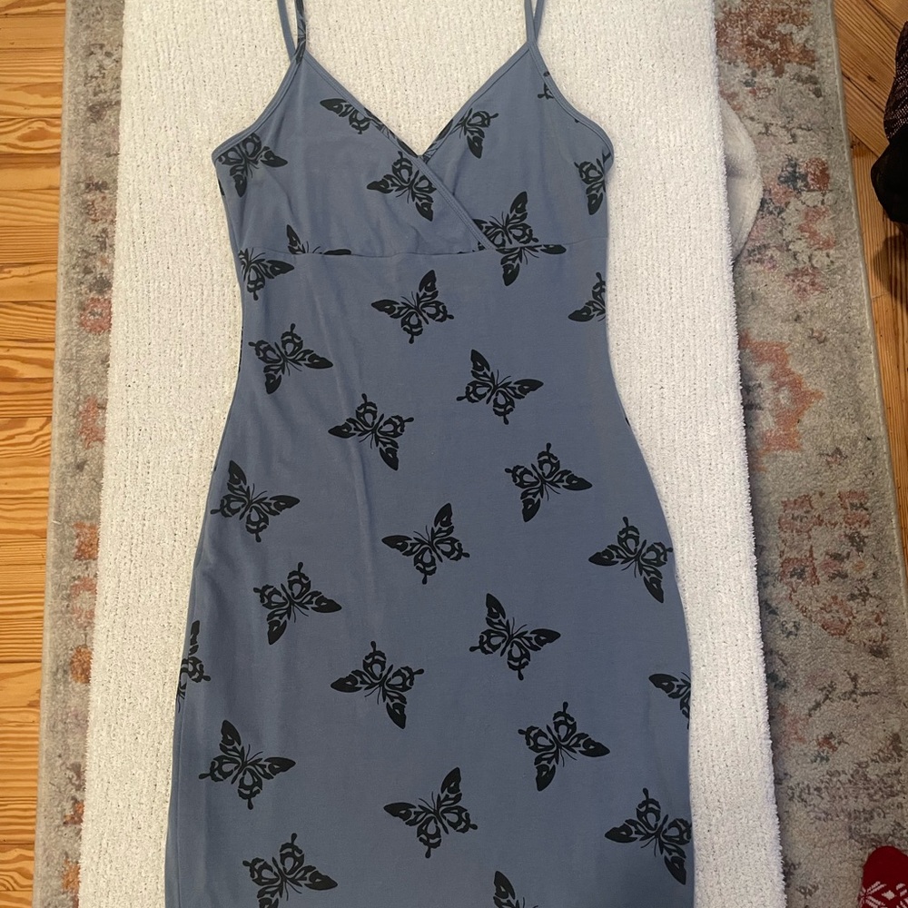 Elegant Blue Butterfly Print Dress